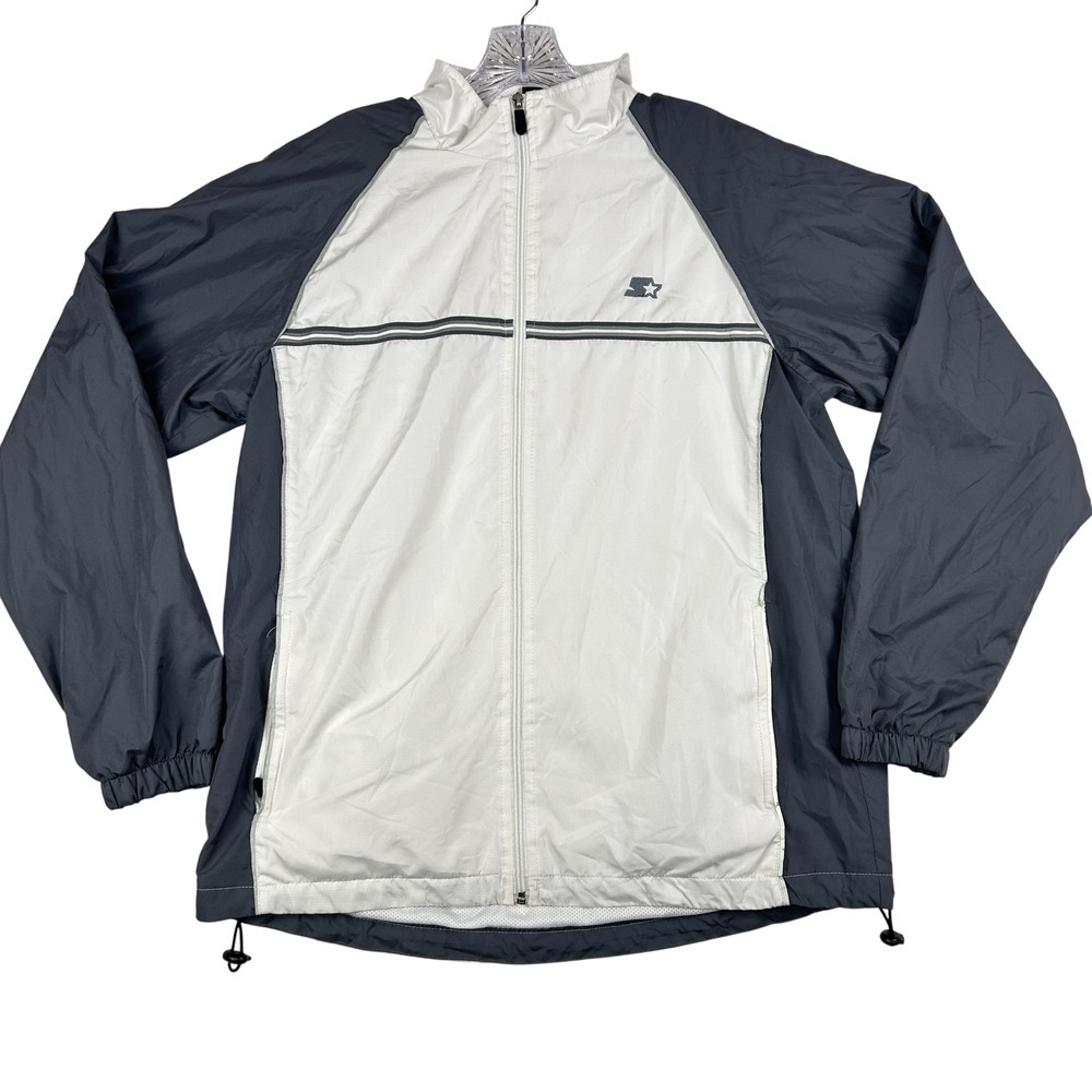 Starter Jacket Mens Medium Windbreaker Full Zip White‎ Gray Packable Hood